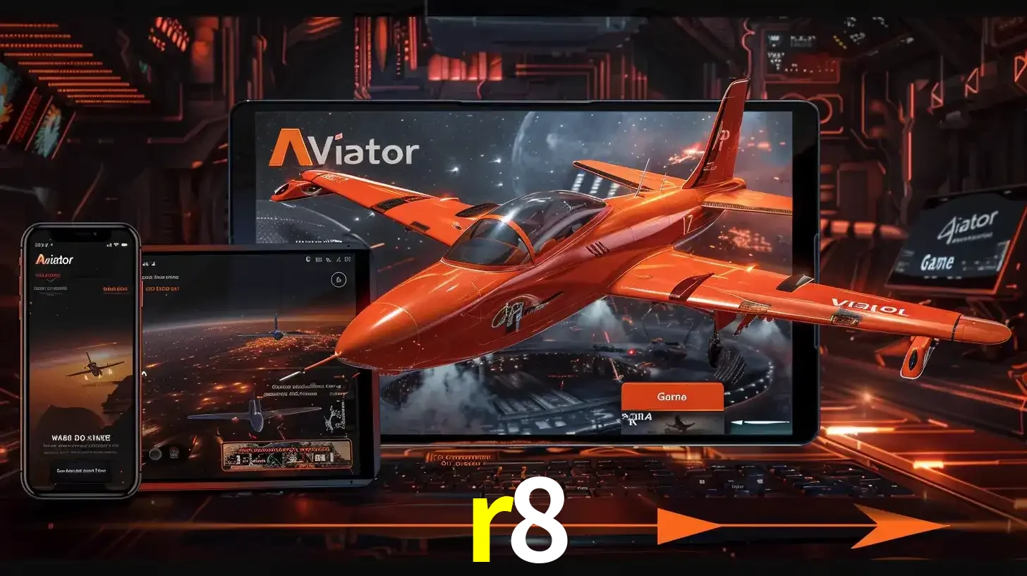 Apresentação tecnológica do jogo Aviator com um avião saindo da tela de um tablet, demonstrando a experiência imersiva em múltiplos dispositivos no r8.