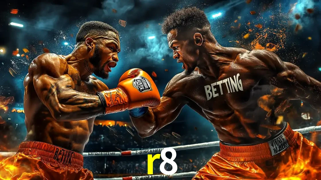 Dois boxeadores em uma luta intensa e explosiva, representando a adrenalina e as oportunidades de apostas em esportes de combate disponíveis na plataforma r8.