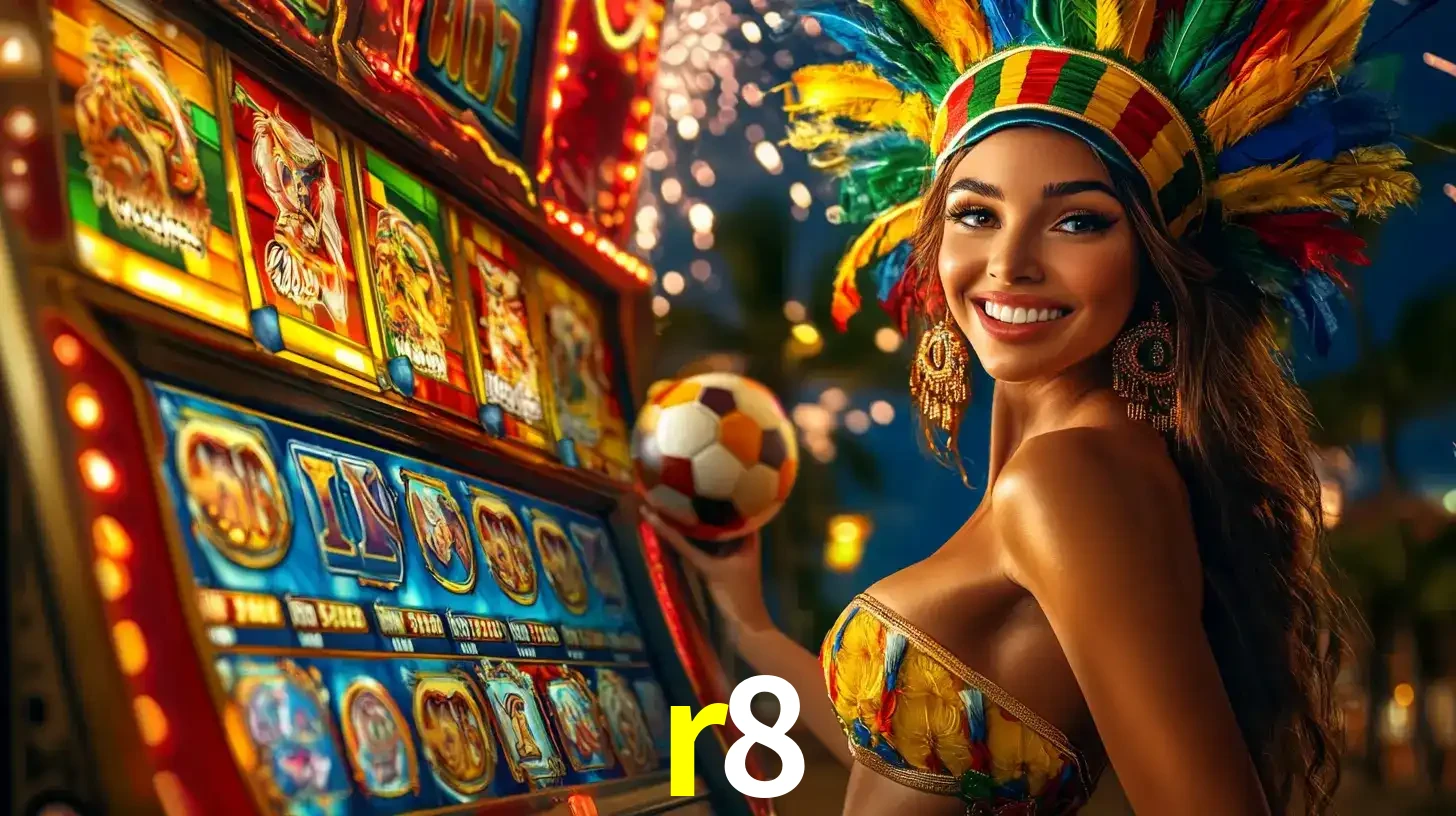 Mulher com um cocar de carnaval ao lado de uma máquina de caça-níqueis enquanto segura uma bola de futebol, mostrando a união da diversão de cassino e esportes no r8.