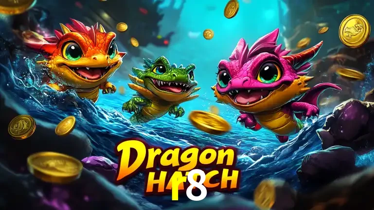 Arte promocional do jogo Dragon Hatch com três adoráveis dragões bebês nadando entre moedas de ouro, um dos slots mais divertidos para jogar no cassino r8.
