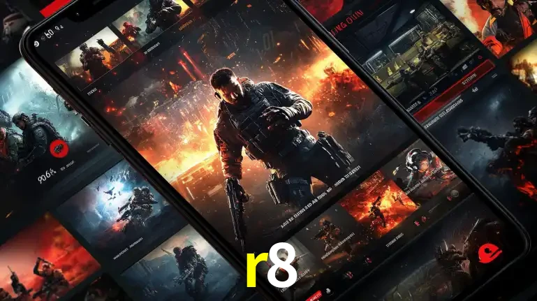 Tela de um celular exibindo uma galeria de jogos de tiro com temática militar, mostrando a variedade de e-sports disponíveis para apostas na plataforma de entretenimento r8.