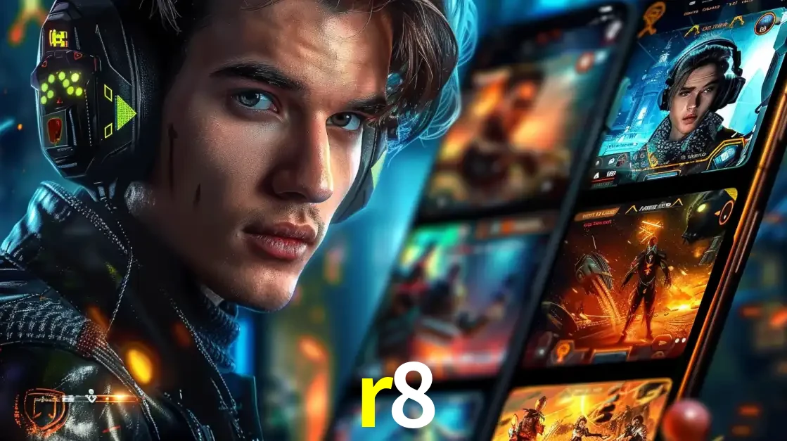 Jovem jogador com fones de ouvido olhando para a câmera, com um aplicativo de jogos e e-sports para celular ao fundo, pronto para a competição e apostas no r8.