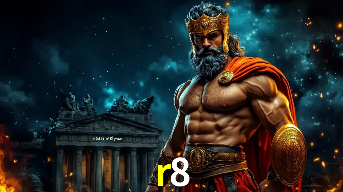 O poderoso Zeus do jogo de slot Gates of Olympus em frente ao seu templo, pronto para lançar multiplicadores divinos e prêmios épicos no cassino online r8.