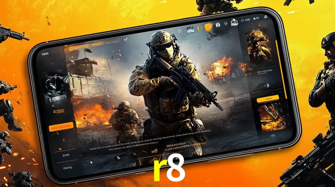 Um smartphone exibindo a interface de um jogo de tiro em primeira pessoa, com um soldado em um cenário de batalha, representando a ação dos e-sports para apostar no r8.