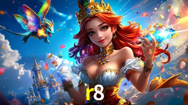 A princesa de um reino de fantasia mágico, com seu pequeno dragão, apresentando um mundo de prêmios encantados nos jogos de caça-níqueis do cassino r8.