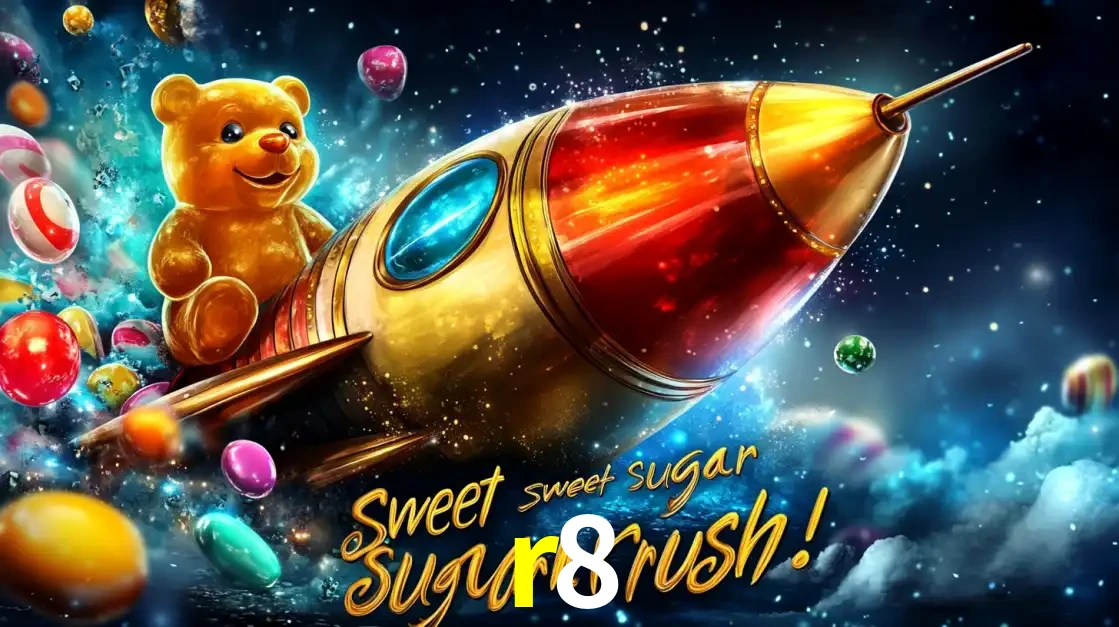 Arte promocional do jogo de slot Sugar Rush, com um urso de pelúcia em um foguete viajando pelo espaço de doces, um dos jogos divertidos disponíveis no cassino r8.