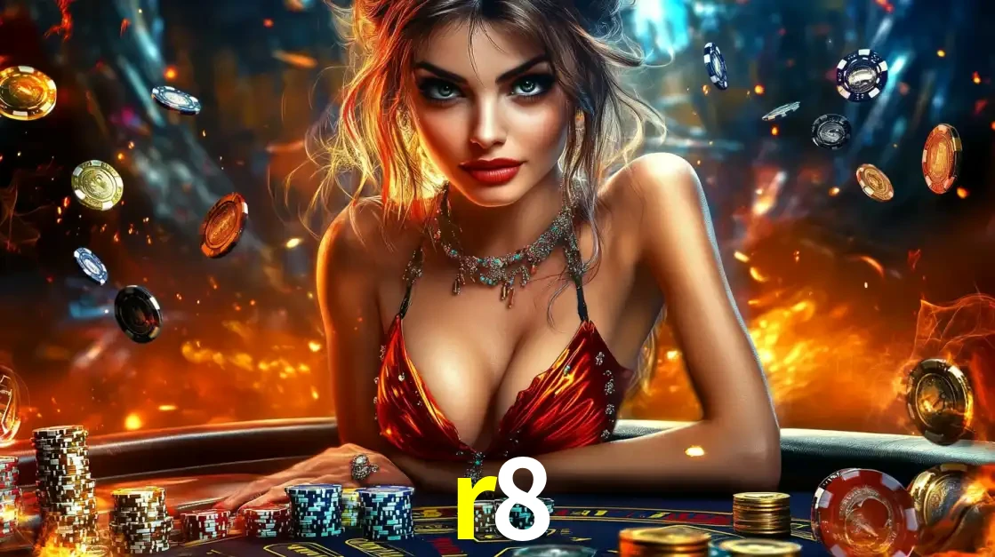 Mulher em uma mesa de cassino com pilhas de fichas e um fundo de fogo, pronta para uma rodada de altas apostas nos jogos de mesa emocionantes do cassino r8.