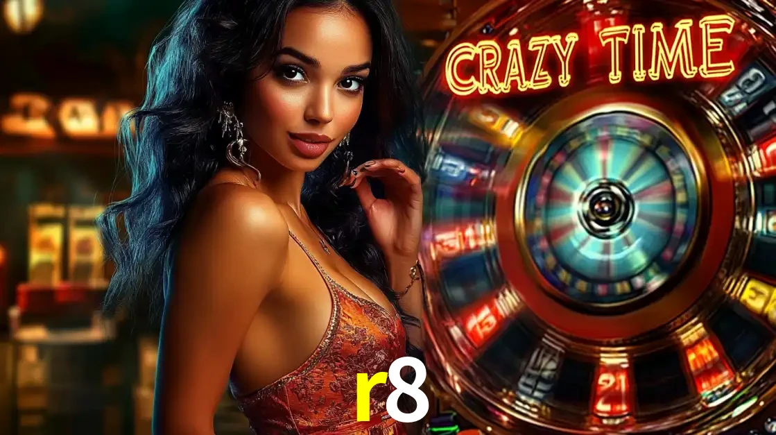 Mulher elegante ao lado da vibrante roda da fortuna do jogo de cassino ao vivo Crazy Time, um dos game shows mais populares e cheios de prêmios do r8.